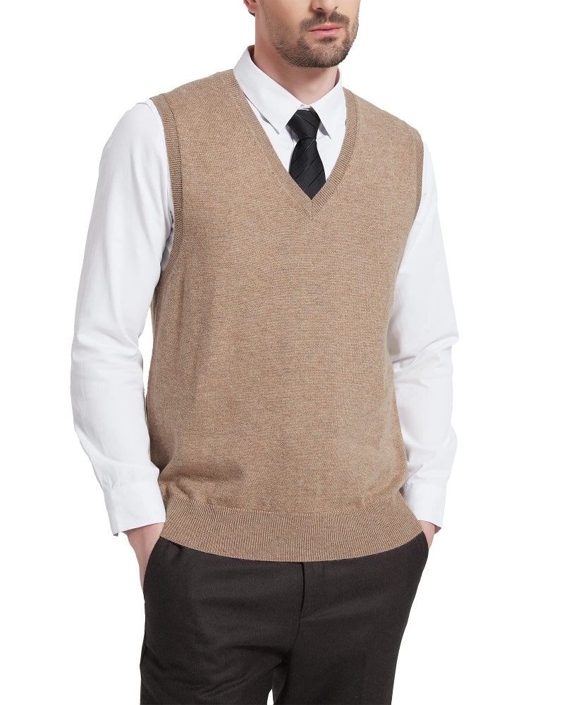 Kallspin Men's Wool Blended Vest Sweater Relaxed Fit V Neck Sleeveless Knitted Pullover (Coffee, Medium) - Image 1
